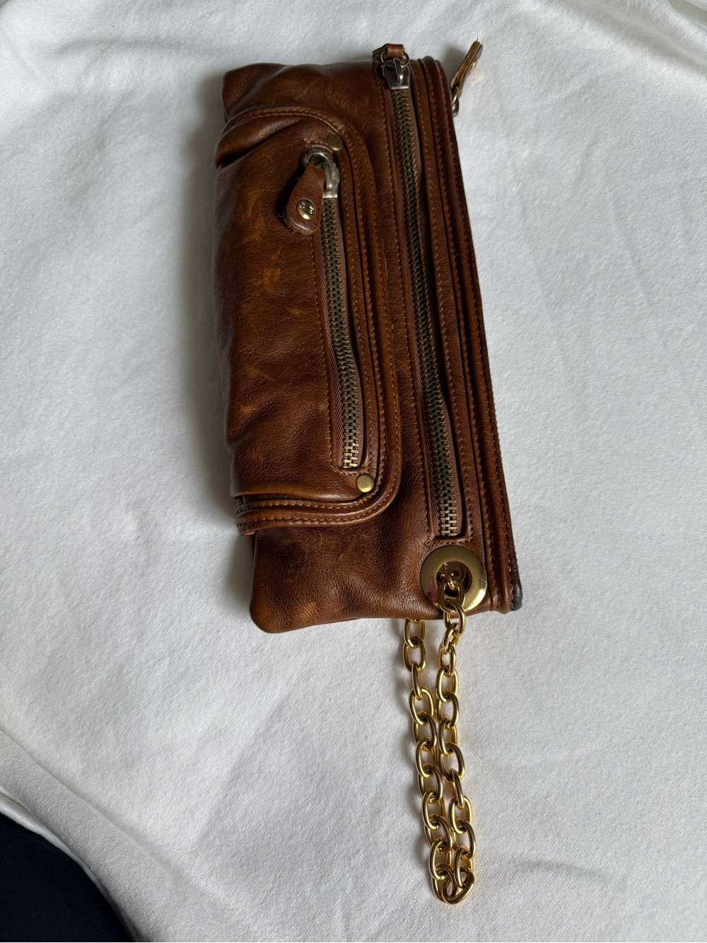 Andrea Buckner Brown Leather Wrist Wallet with Gold Chain Accent vintage style